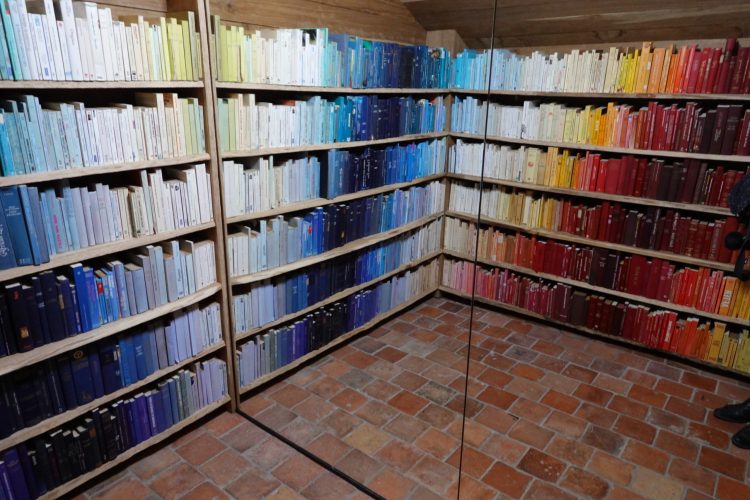 une bibliothèque, cachée dans une cabane en plumes noires, doublée par un miroir .. et dont les livres sont classés par couleur !!